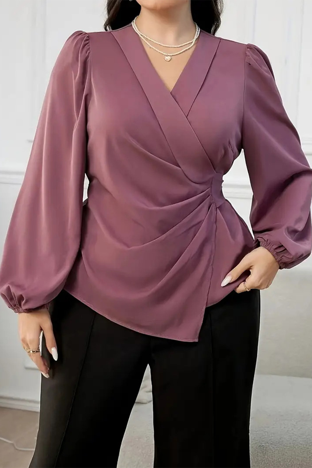 Plus Size Dressy Purple Wrap Puff Sleeve Fold Blouse