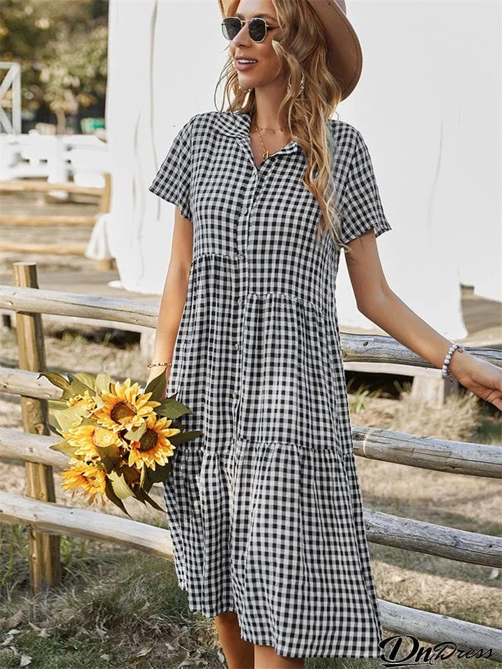 Summer New Temperament Commuter Women's Lapel Plaid High Waist Short-sleeved Dress Shirt Collar Casual Large Swing Type Skirt