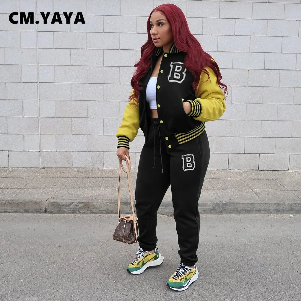 CM.YAYA Baseball Women's Set Autumn Winter Button Up Patchwork Sweatshirt and Pants Matching Two 2 Piece Set Outfits Tracksuit