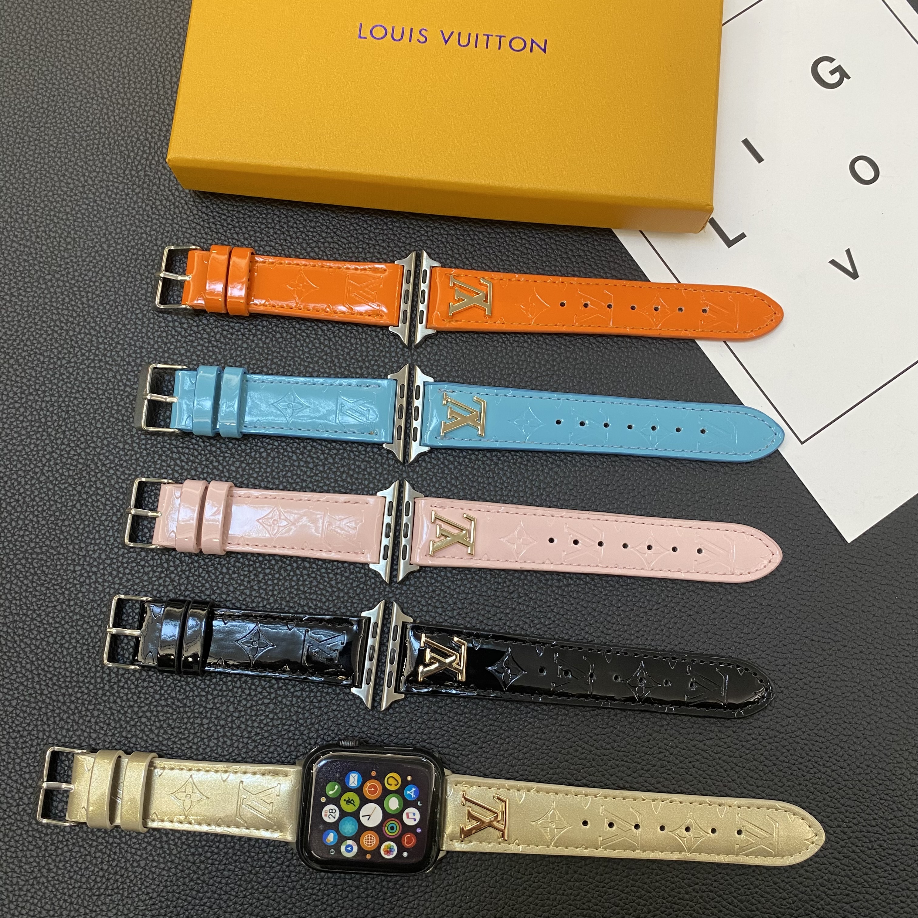 LV Glossy Leather Apple Watch Strap Luxury Metal Logo