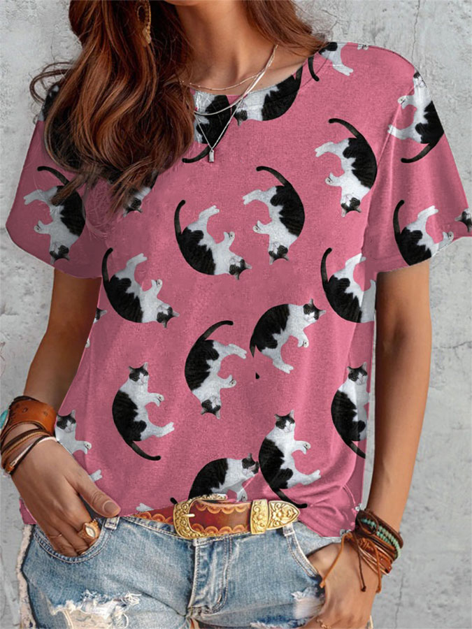 Comstylish Women's Casual Pink Milk Cat Print T-shirt