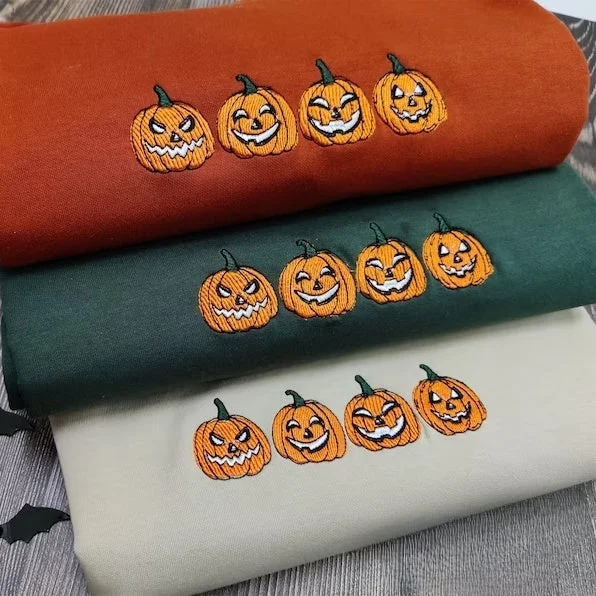 Halloween Embroidered Pumpkin Faces Sweatshirt