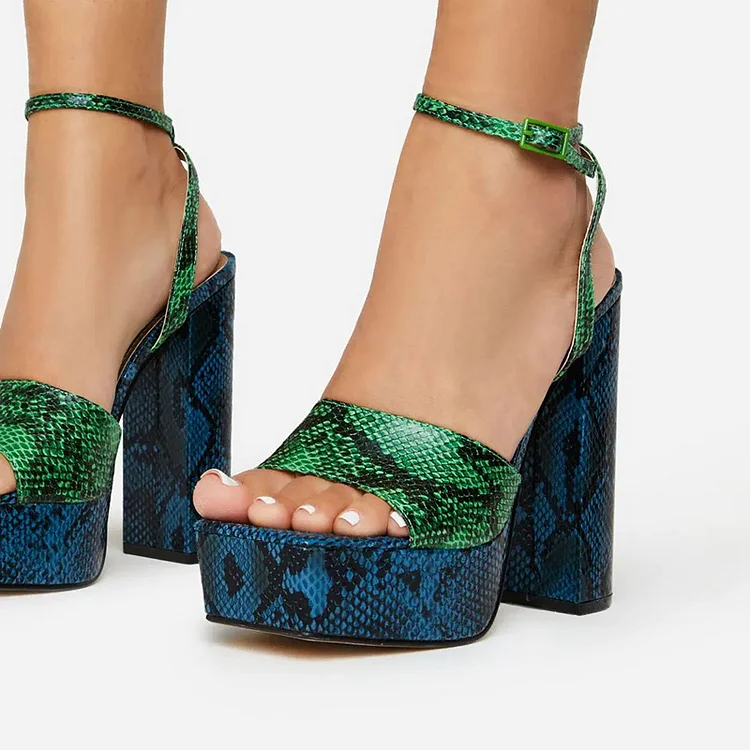 Navy & Green Snakeskin Print Sandals Ankle Strap Platform Chunky Heels |FSJ Shoes