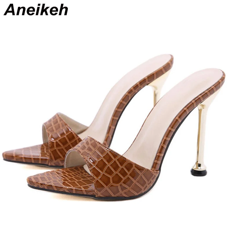 Aneikeh 2021 NEW Mule High Heels Women's Pumps Sexy Pointed Toe Snake Print Strappy Slingbacks Beach Shoes Botines Mujer 35-42
