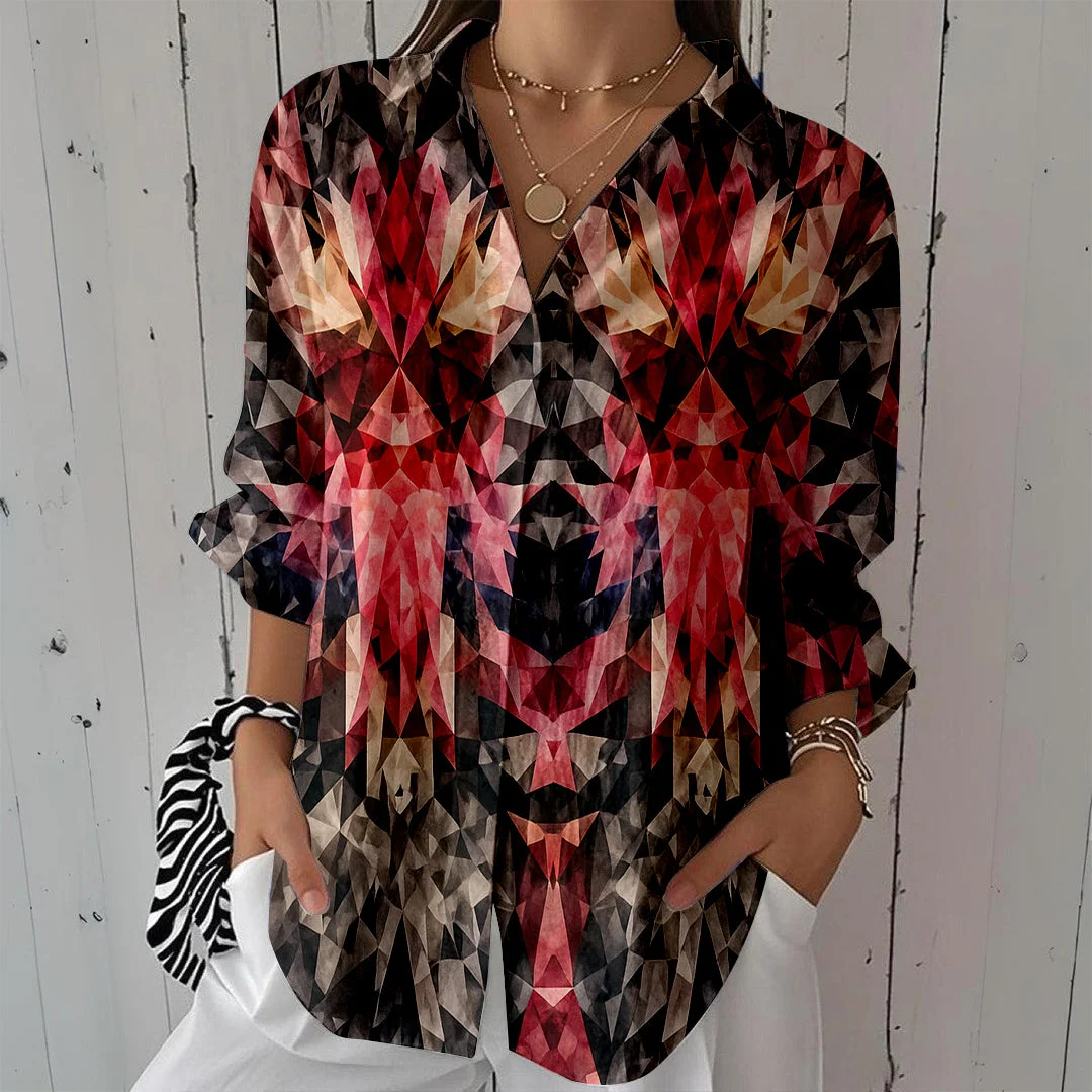 Style & Comfort for Mature Women Women Bohemian, Red, Black DZCL0385 3/4 Sleeve Shirt Collar Printed Button Tops