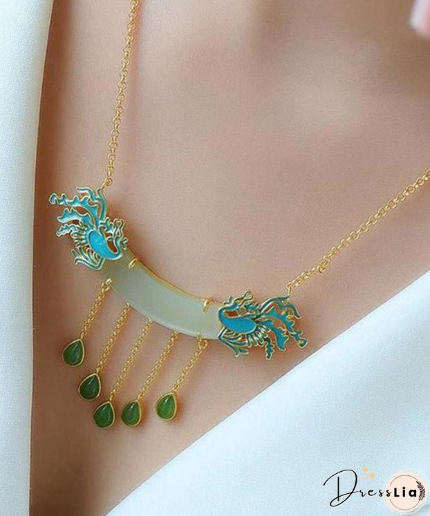 Style White Jade Enamel Phoenix Lariat Necklace