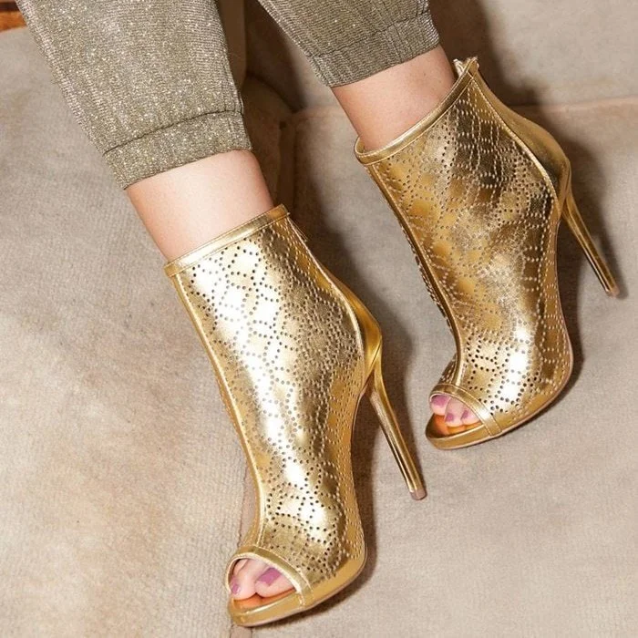 Gold Hollow Out Peep Toe Booties Stiletto Heel Ankle Boots |FSJ Shoes