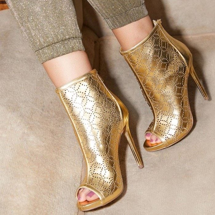 Gold Hollow Out Peep Toe Booties Stiletto Heel Ankle Boots|FSJshoes