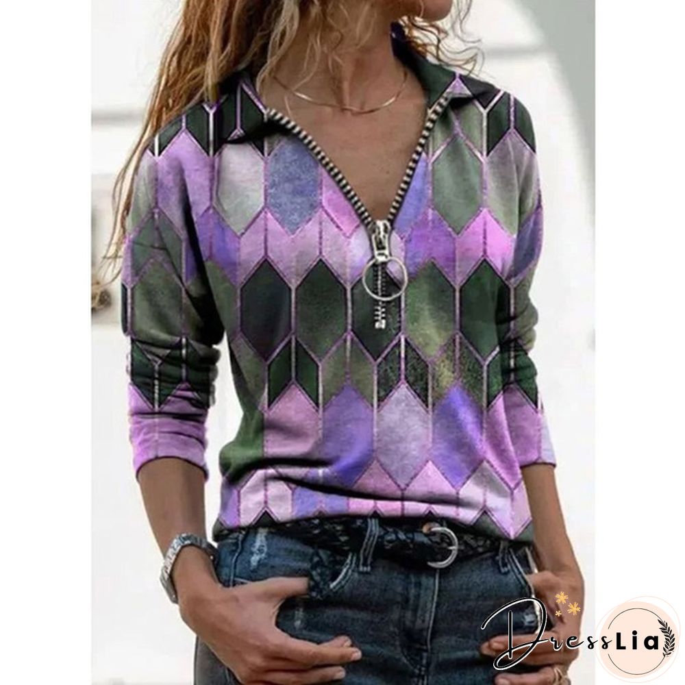 Women's Fashion Printed V-neck Long Sleeve Shirts Casual Zipper Turn-down Collar Cotton Tunic Tops Ladies Daily Spring Autumn Plus Size Blouses Loose Pullover T-shirts