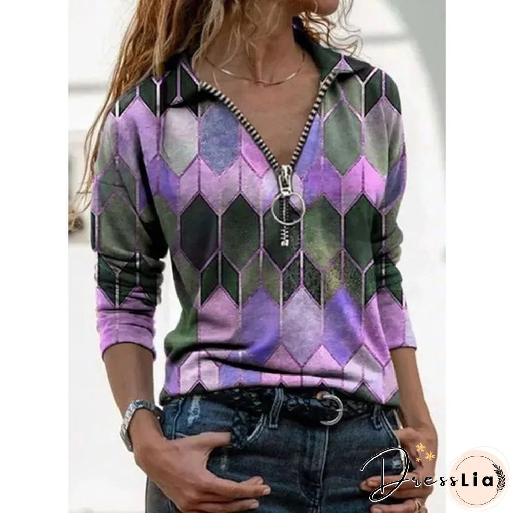 Women's Fashion Printed V-neck Long Sleeve Shirts Casual Zipper Turn-down Collar Cotton Tunic Tops Ladies Daily Spring Autumn Plus Size Blouses Loose Pullover T-shirts