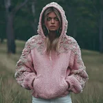 Women's Pink Flower Embroidery Art Long Sleeve Hoodie Sweater - Image 2