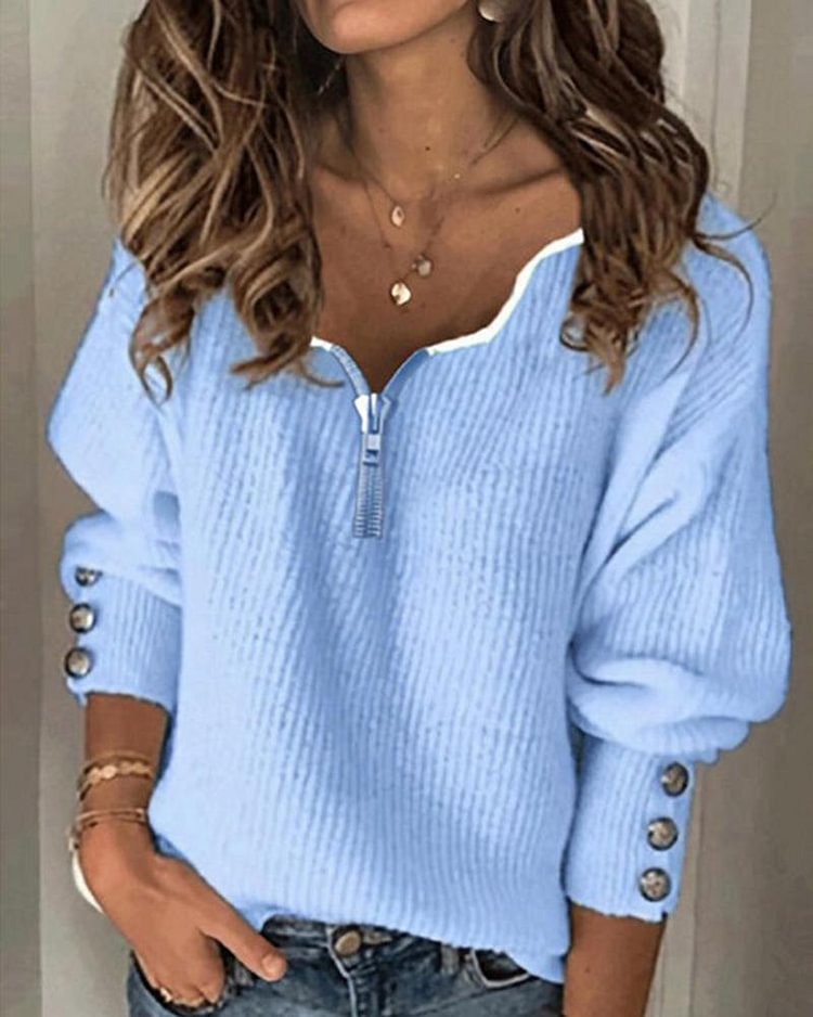 Half-Zip Ribbed Knit Button Decor Sweater - Shop Trendy Women's Clothing | LoverChic