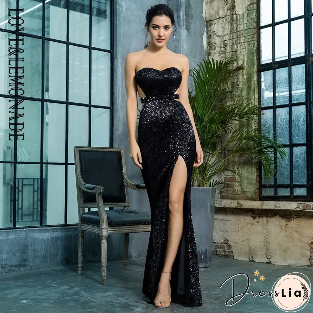 Love&Lemonade  Black Bra Open Back Back Pleated Sequins Slim Dress Party Long Dress Lm81335