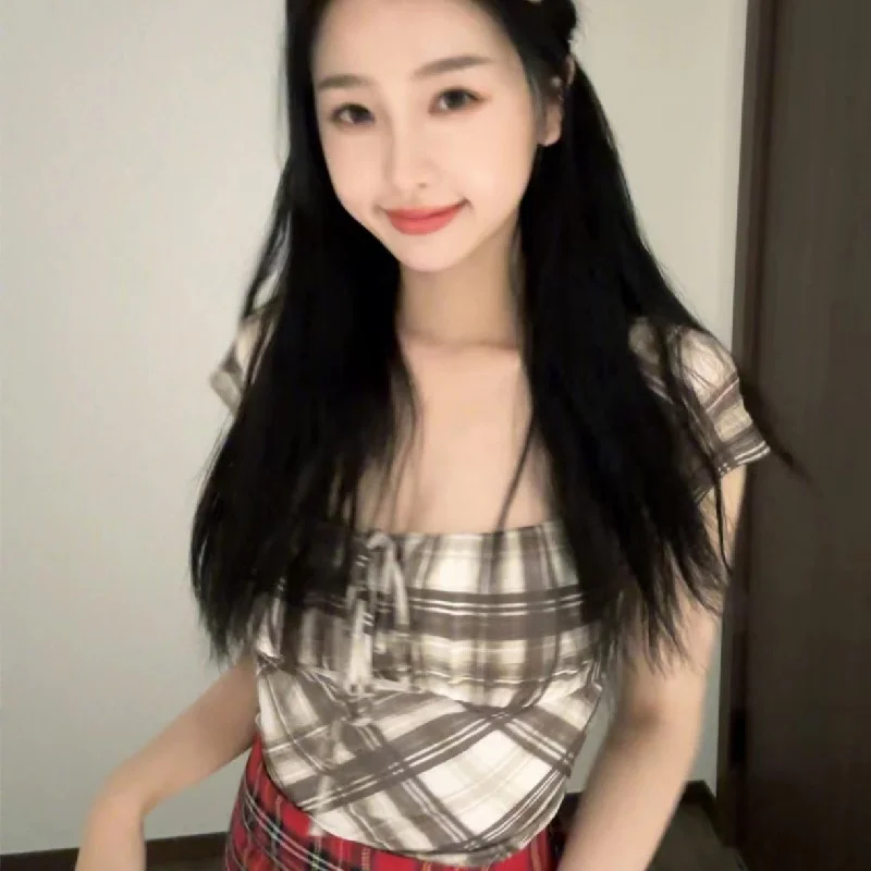 Uveng Uveng New Sexy Hot Girl Pleated Lace Bump Color Plaid Square Collar Slim Short-Sleeved T-Shirt Top