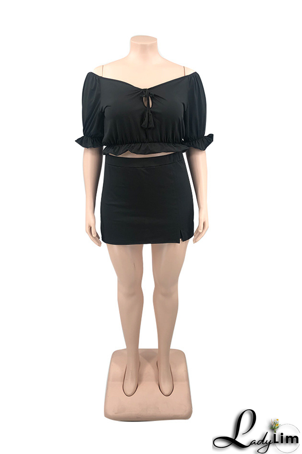 Tangerine Red Sexy Solid Draw String Off the Shoulder Plus Size Two Pieces