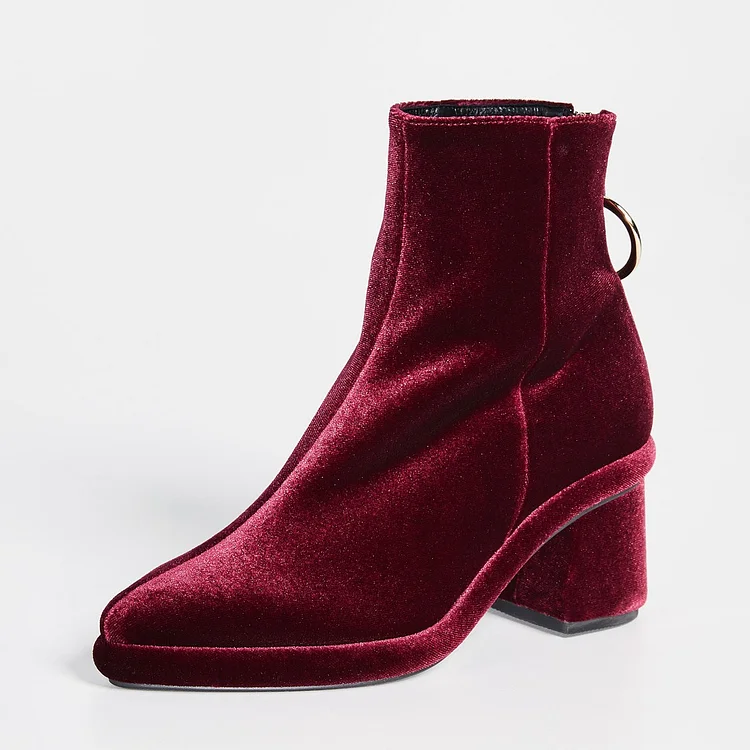 Burgundy Velvet Pointy Toe Block Heel Ankle Boots with Back Zipper Vdcoo