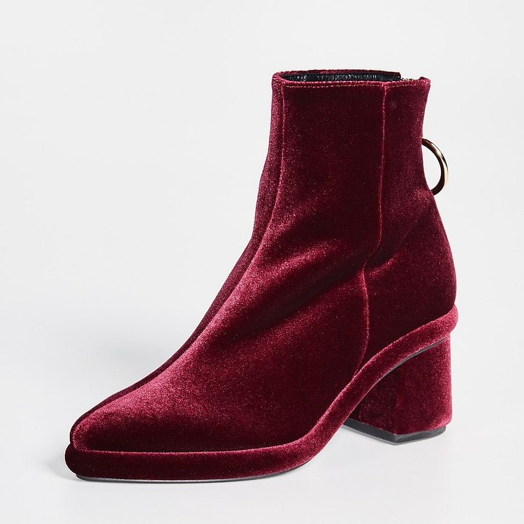 Burgundy Velvet Boots Pointy Toe Back Zipper Block Heel Ankle Boots |FSJ Shoes