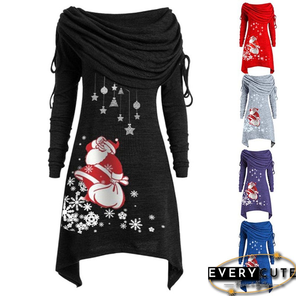 Fashion Women Christmas Dress Santa Claus Snowflake Print Foldover Collar Ruched Irregular