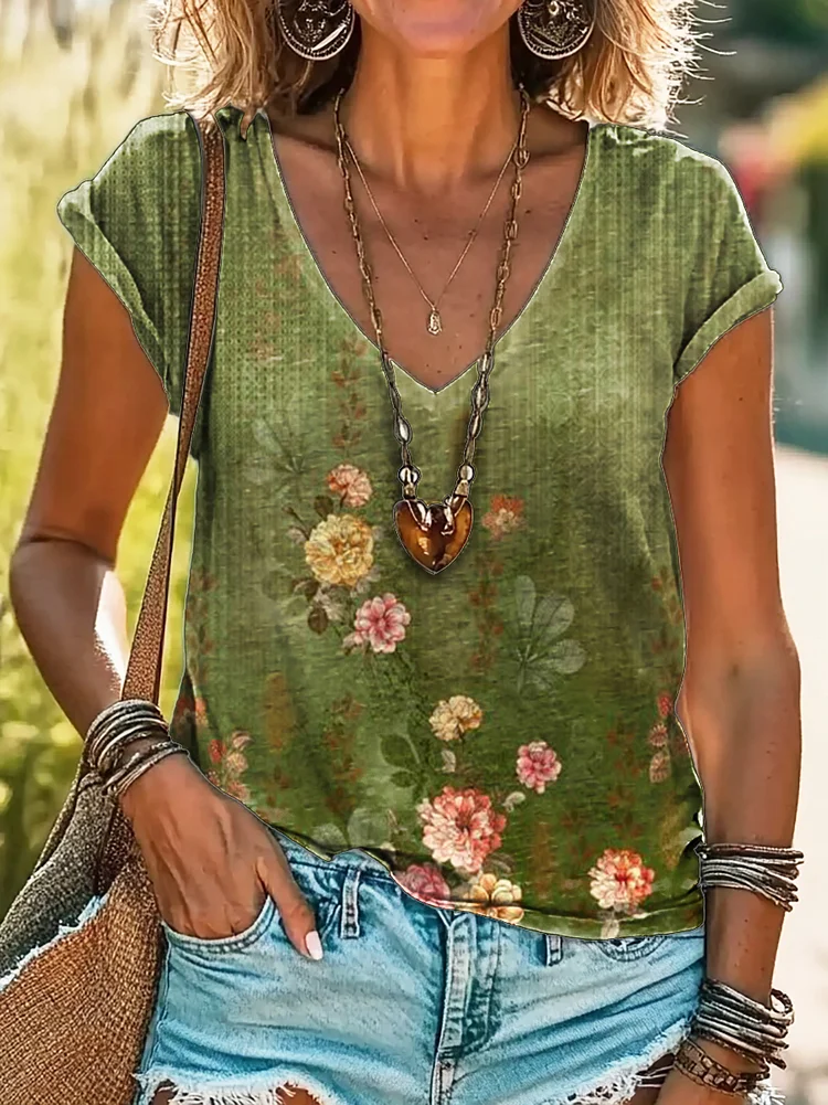 Women's Vintage Floral Print 100%Cotton V-neck T-Shirt