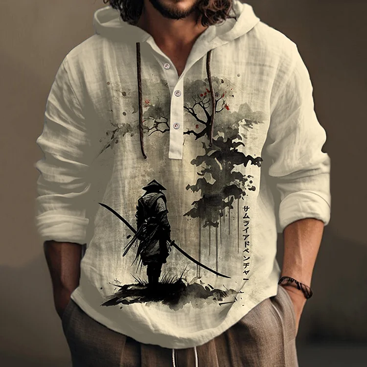 Men's Retro Japanese Samurai Ink Painting Print Hooded Shirt