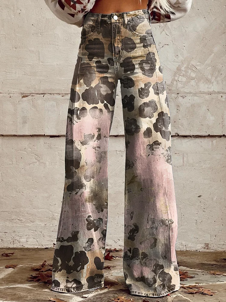 Women's Vintage Rose Gold Leopard Print Casual Wide Leg Pants
