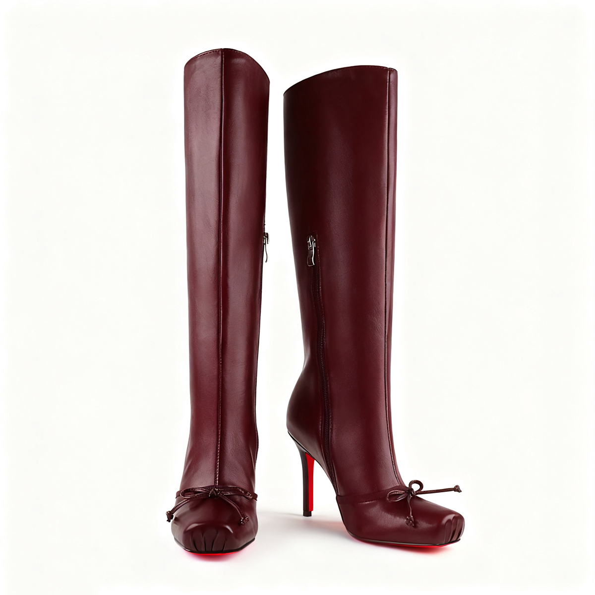 100mm Women's Knee Boots Red Bottom Matte Bowknot Knee Boots-MERUMOTE