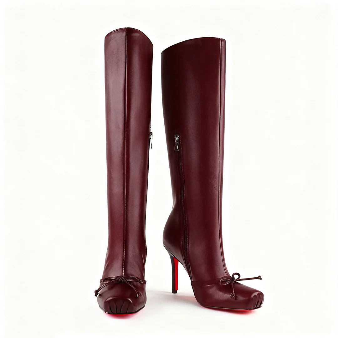 100mm Women's Knee Boots Red Bottom Matte Bowknot Knee Boots-MERUMOTE
