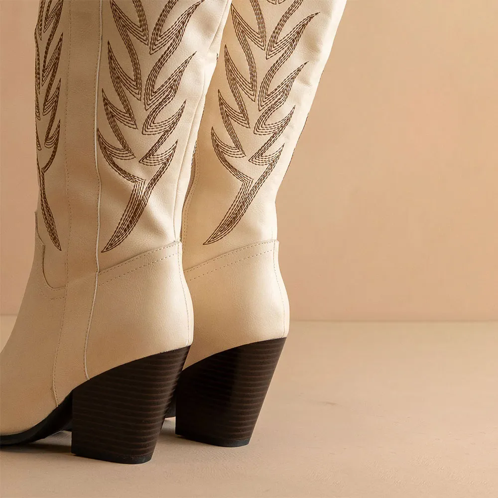 Ivory Snip Toe Chunky Heel Embroidered Zipper Cowgirl Boots