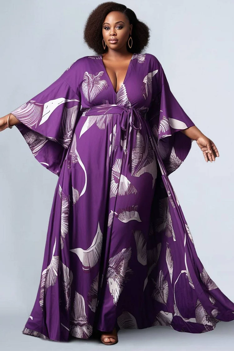 Xpluswear Design Plus Size Purple All Over Print  V Neck Flare 3/4 Sleeve Lace Up Chiffon Maxi Dresses 