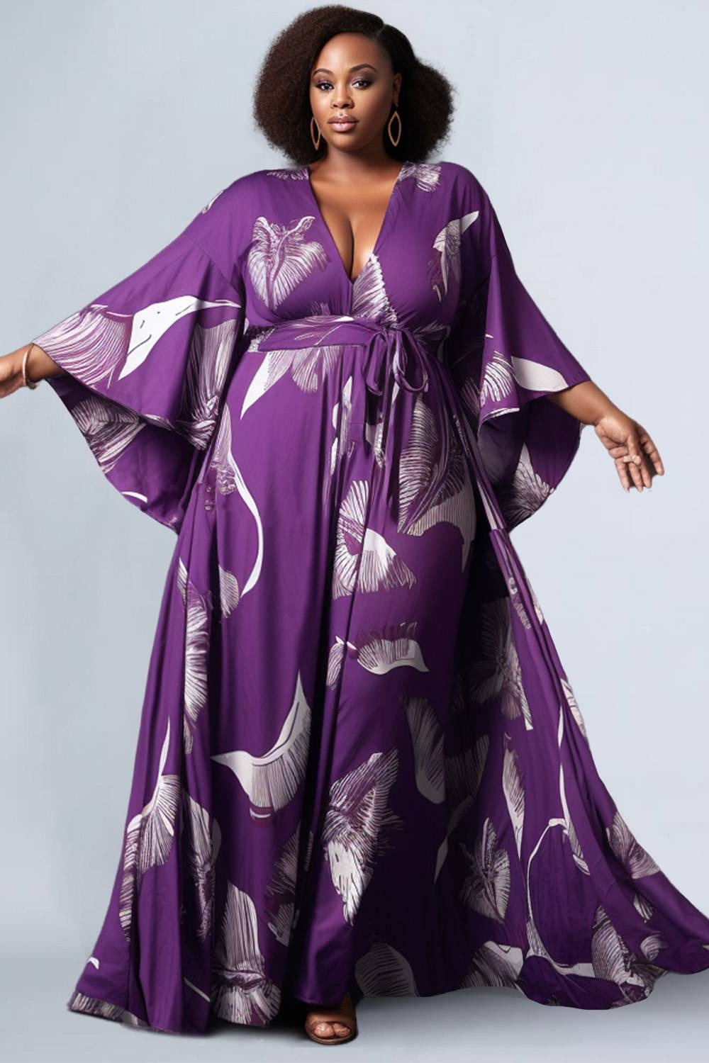 Design Plus Size Purple All Over Print  V Neck Flare 3/4 Sleeve Lace Up Chiffon Maxi Dresses [Pre-Order]