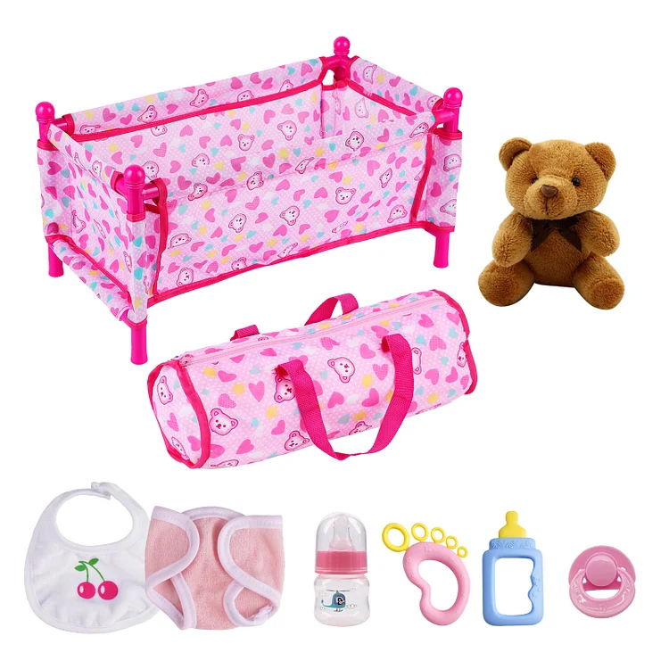 For 12" Rose Red Retractable Love Printed Bed bag for Reborn Baby 8-Pieces Accessories