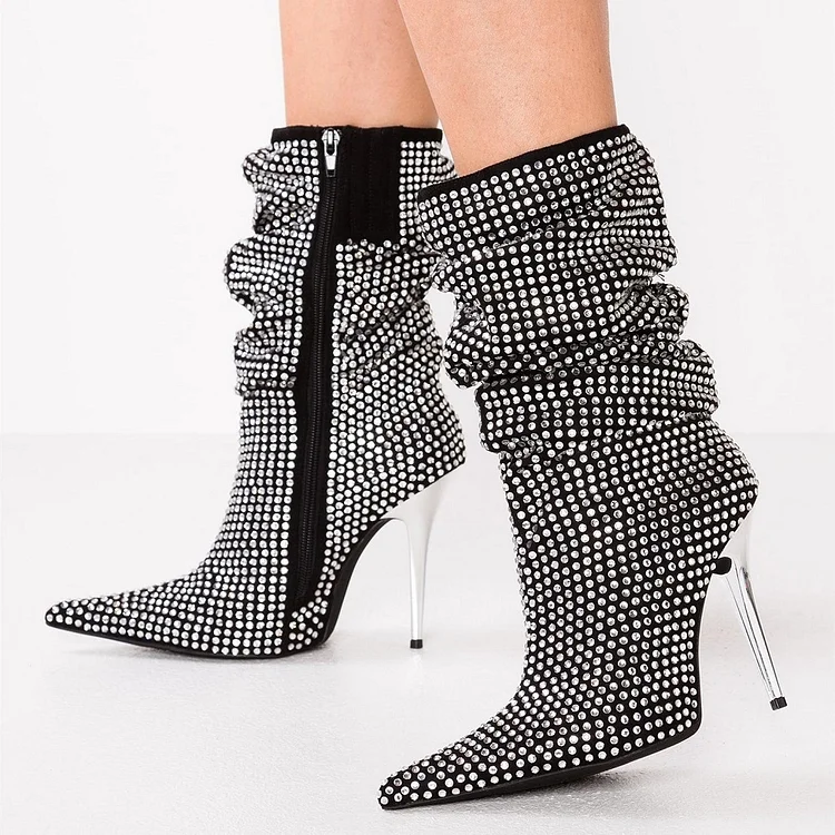 Black Rhinestone Stiletto Mid Calf Boots with Slouch Design Vdcoo
