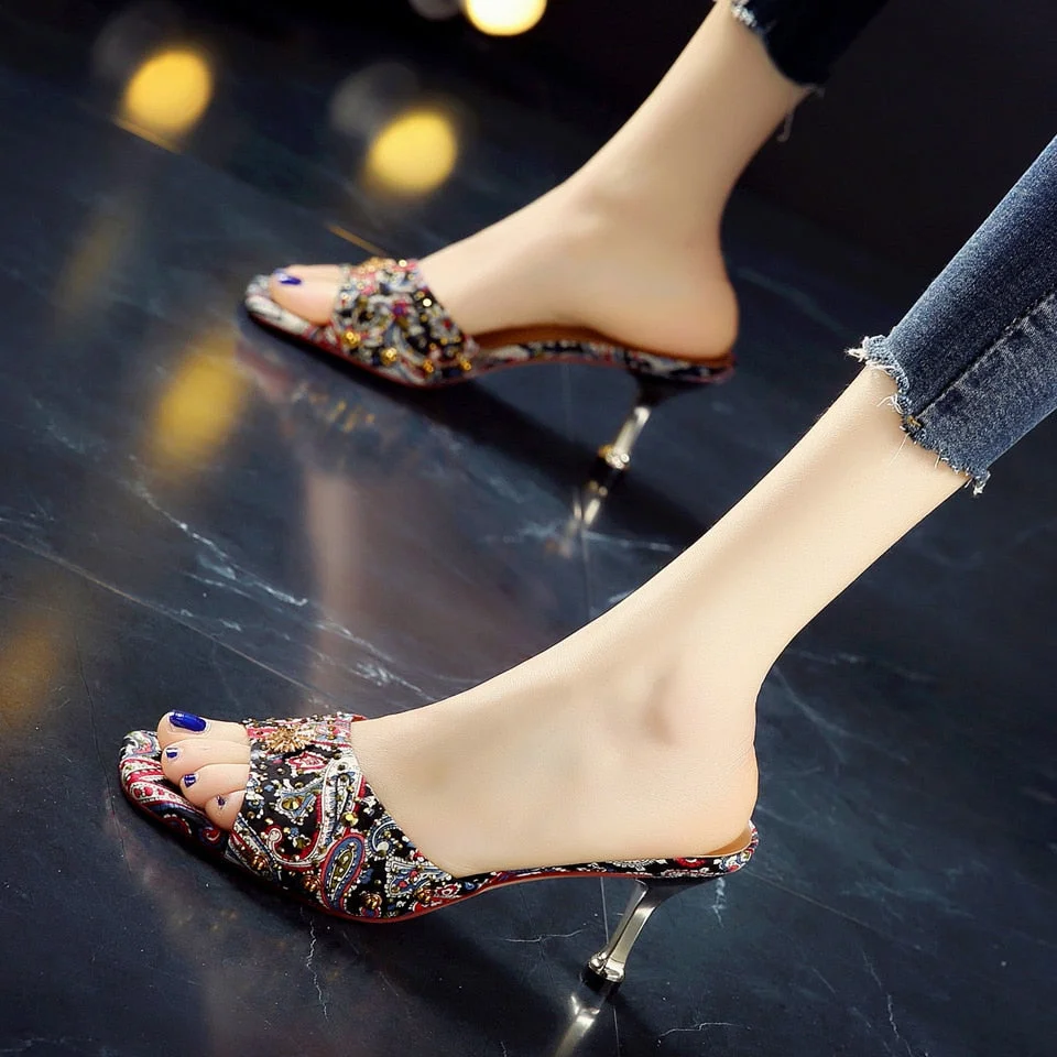 Embroidery Summer Women High Heels Sandals Open-toepeep High Heels Ladies Sandals Personalized Rhinestone Stiletto Sandals