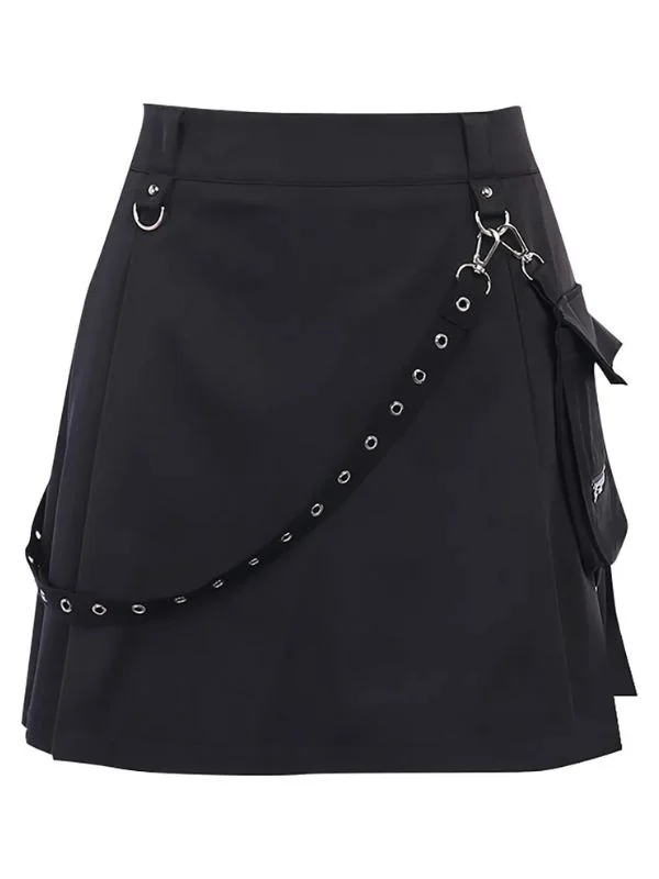 Gothic Dark Pleated Solid Pattern A-line High-rise Pockets Zipper Skirt