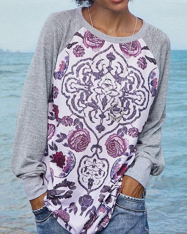 Print Crew Neck Shift Women Long Sleeve Color Block T-shirt