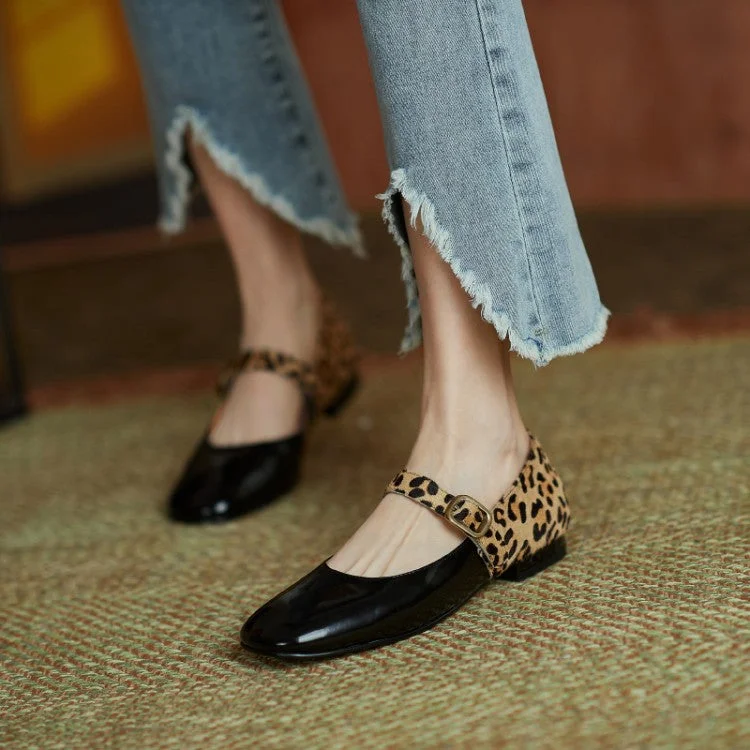 Vstacam 2023 Spring Women Pumps Patent Leather Round Toe Splicing Leopard Print One-line Buckle Low-heel Women's Shoes Mary Jane Shoes