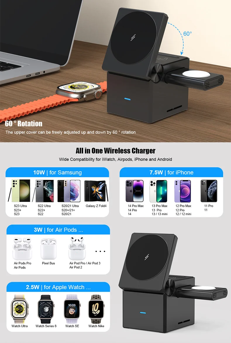 3 in 1 magnetic wireless desktop watch earphone mobile phone charger