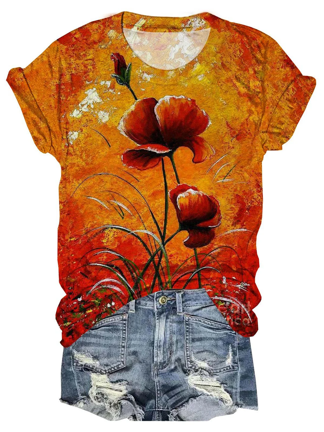 Flower Print V Neck T-Shirt
