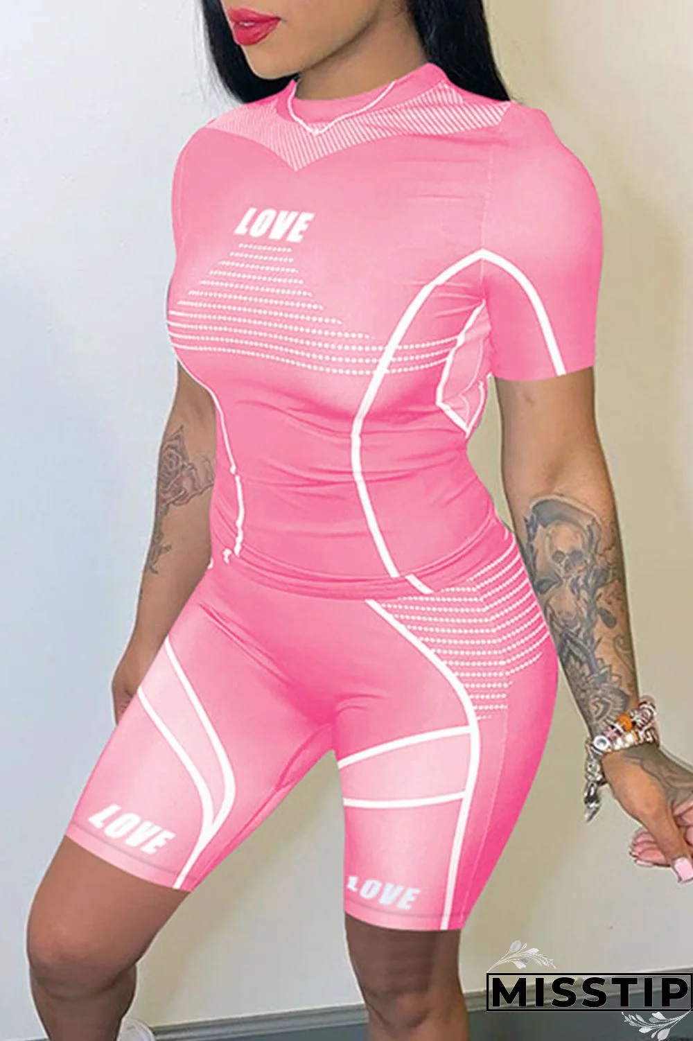 Black Casual Sportswear Print Patchwork O Neck Short Sleeve Two Pieces