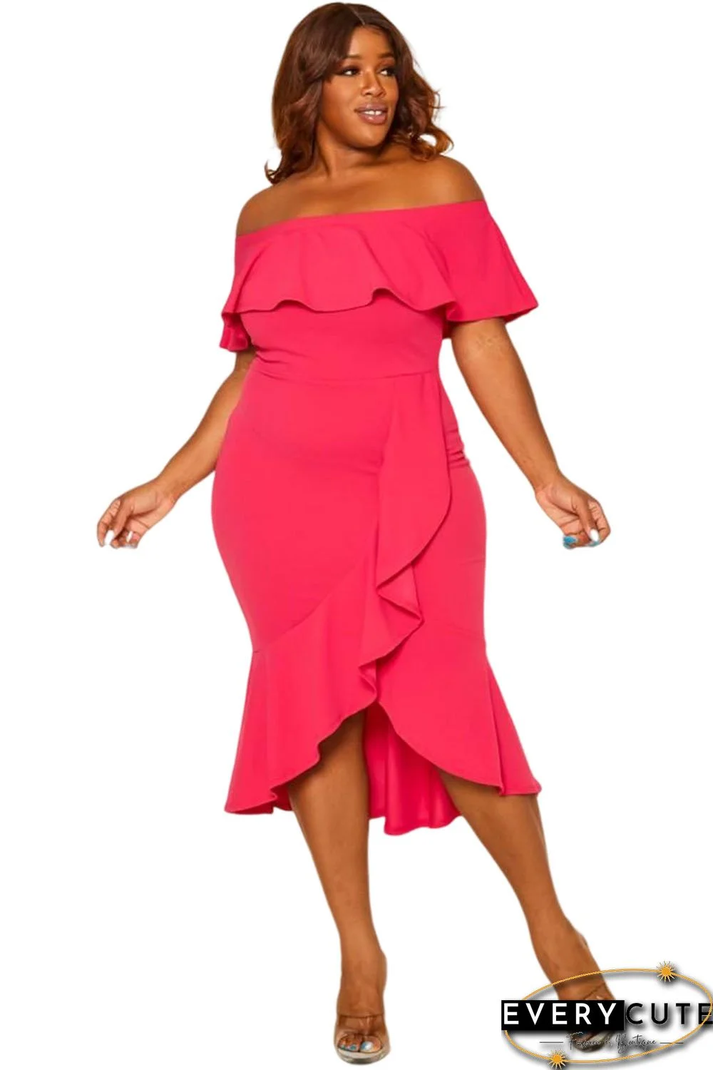 Rose Ruffled Off Shoulder High Low Plus Size Dress