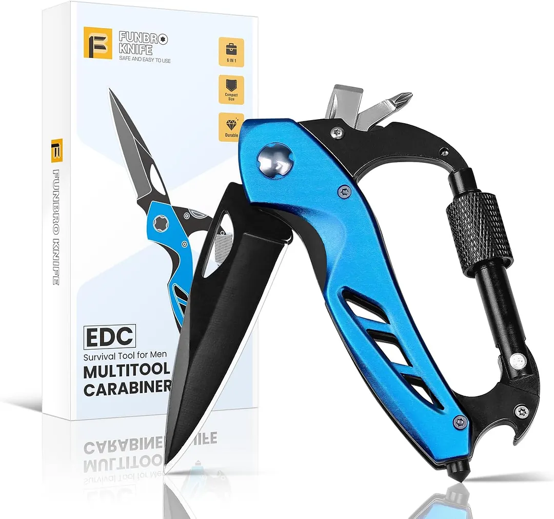 Multi-functional carabiner pocket knife, EDC (Everyday Carry) carabiner folding knife, bottle opener, window breaker, and screwdriver; camping survival gear.g Hiking