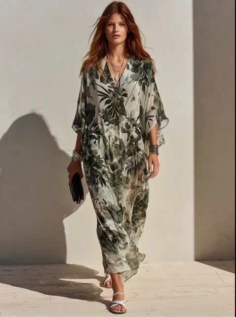 Women's Minimalist Botanical Print Flowy Long Kaftan Dress MD