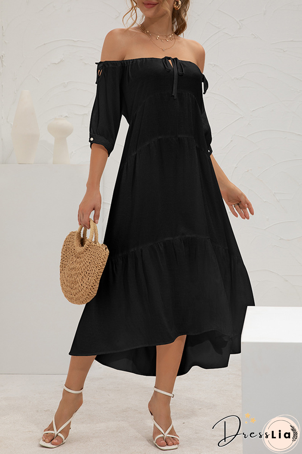 Elegant Solid Split Joint Frenulum Off The Shoulder Cake Skirt Dresses