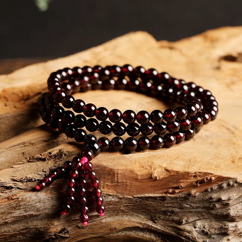 Chinese Natural 108 Purple Garnet Beads Tassels Mala Bracelet
