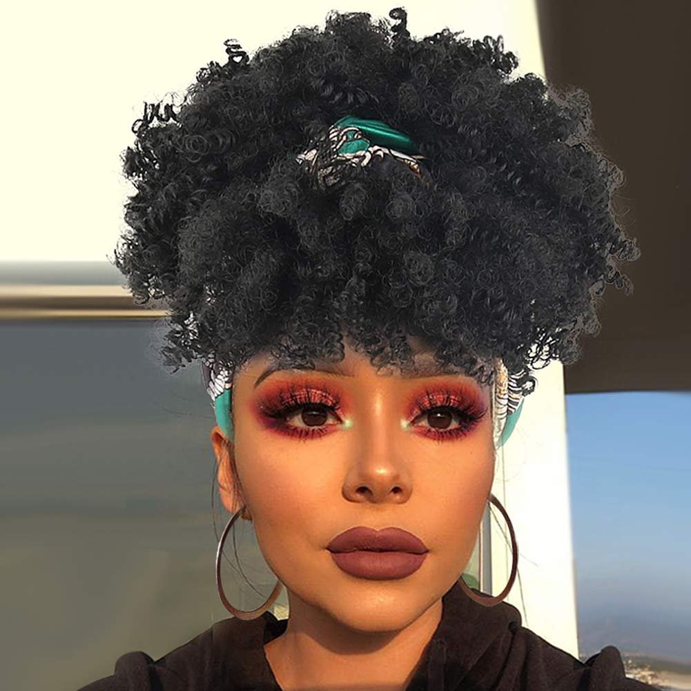 Short Afro Kinky Curly Wigs with Headband-elleschic
