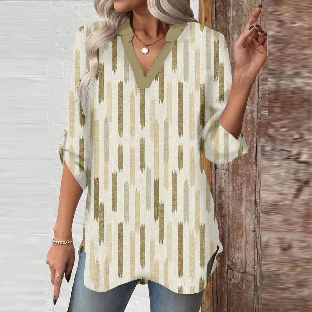 Women Striped, Green DZGA0358 3/4 Sleeve V-neck Printed Graphic Button Tops