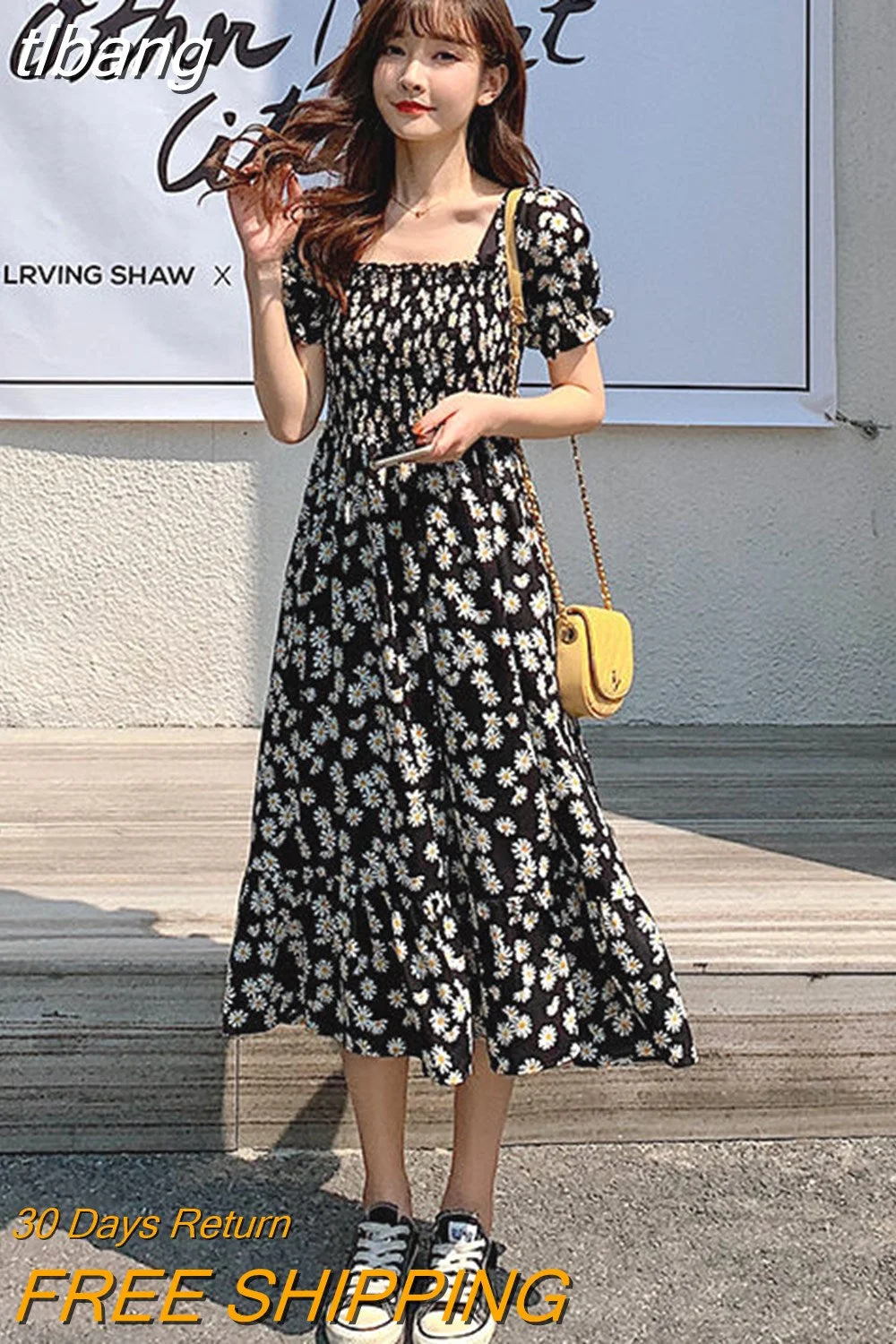 tlbang Women Daisy-printing Elegant Various Design Square Collar Sweet Lady All-match Leisure Holiday Sundress Korean Style Cozy