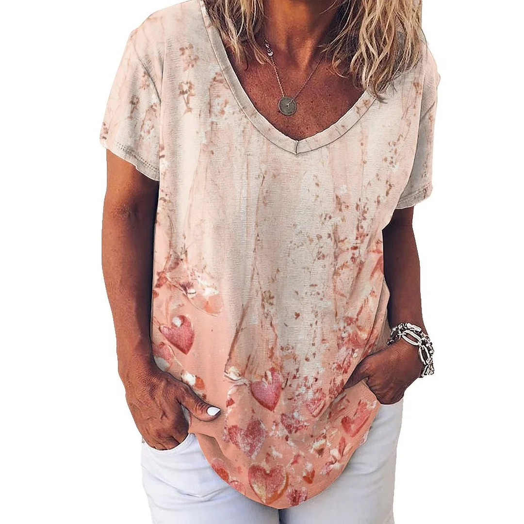 V-neck Short Sleeve Casual T-shirt for  Women Printed with Pattern Floral, Glitter, Pink
