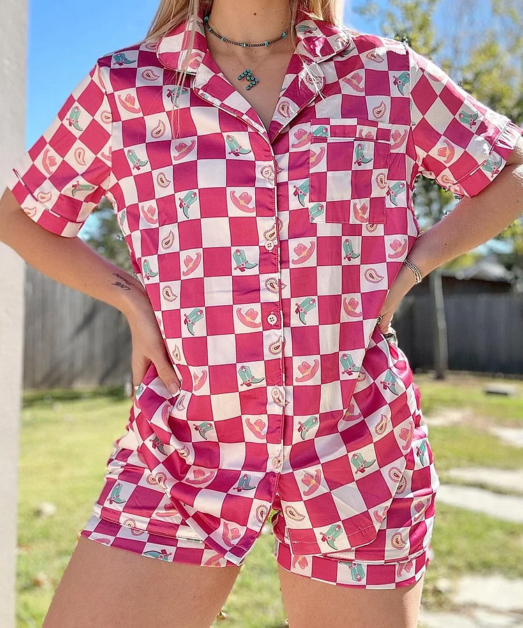 Casual Pink Western Print Pajama Set