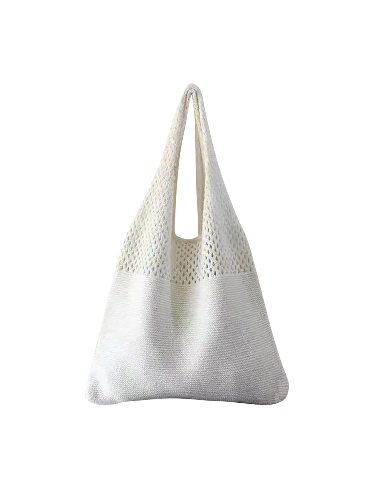 Retro Hollow Knitted Shoulder Bags Women Handbags Summer Beach Tote (White)
